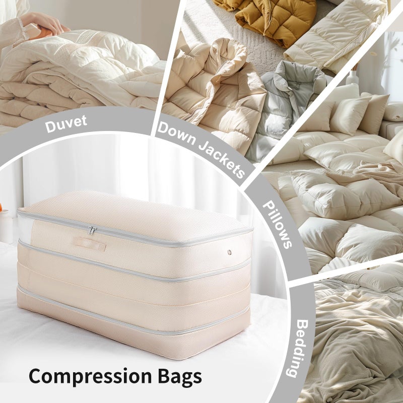 Easortm Comforter Storage Bag - Large Capacity Bedding Storage Bags Ultra Space Saving Self Compression Organizer, Washable Compression Bags for Storage Comforter Blanket Duvet Pillow, 2-Pack, Beige - Image 3