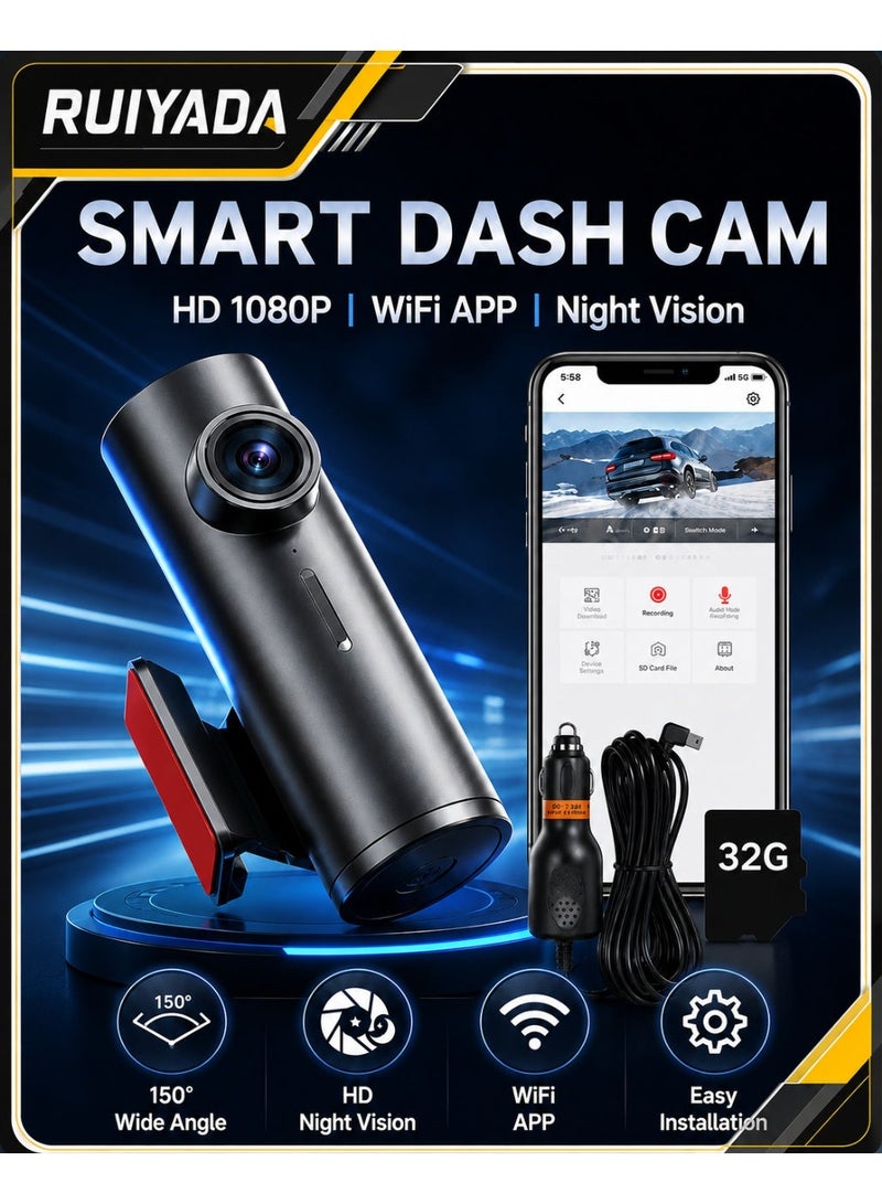 RUIYADA Dash Cam for Cars RUIYADA Smart Dash Camera with Night Vision Vehicle Hidden Driving Recorder 1080P Dashcam 24H Parking Mode and Mobile phone Interconnection Recorder with 32GB Card - Image 1