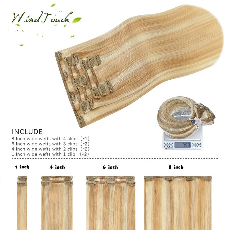 WindTouch Clip In Hair Extensions Human Hair Balayage Golden brown to Blonde 18Inch 75g #27p613 7PCS Remy Hair - Image 3