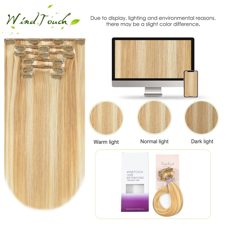 WindTouch Clip In Hair Extensions Human Hair Balayage Golden brown to Blonde 18Inch 75g #27p613 7PCS Remy Hair - Image 4