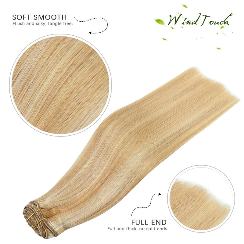 WindTouch Clip In Hair Extensions Human Hair Balayage Golden brown to Blonde 18Inch 75g #27p613 7PCS Remy Hair - Image 2