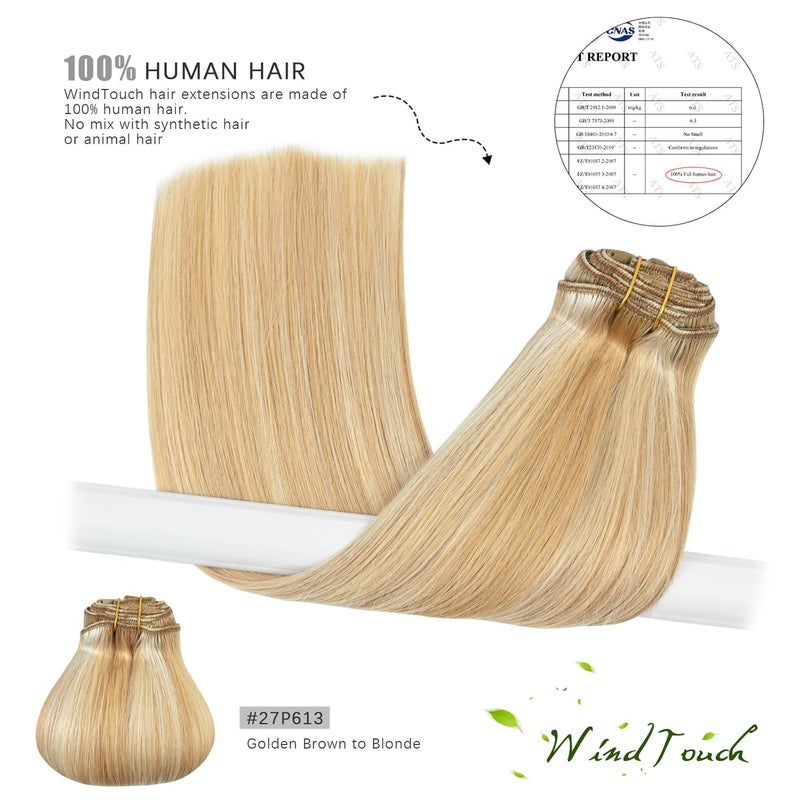 WindTouch Clip In Hair Extensions Human Hair Balayage Golden brown to Blonde 18Inch 75g #27p613 7PCS Remy Hair - Image 5