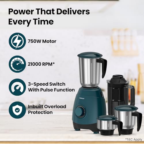 Havells ESO 750 Watt Mixer Grinder | 4 Jars (3 Stainless Steel + 1 Juicer Jar) | Heavy-Duty ABS Body | Powerful Motor | Wider Mouth Blades | Handles on All Jars | 2-Year Product Warranty (Teal) - Image 2