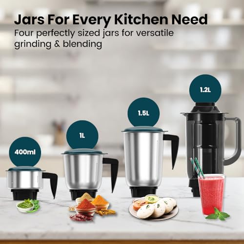 Havells ESO 750 Watt Mixer Grinder | 4 Jars (3 Stainless Steel + 1 Juicer Jar) | Heavy-Duty ABS Body | Powerful Motor | Wider Mouth Blades | Handles on All Jars | 2-Year Product Warranty (Teal) - Image 4