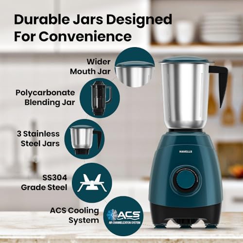 Havells ESO 750 Watt Mixer Grinder | 4 Jars (3 Stainless Steel + 1 Juicer Jar) | Heavy-Duty ABS Body | Powerful Motor | Wider Mouth Blades | Handles on All Jars | 2-Year Product Warranty (Teal) - Image 3