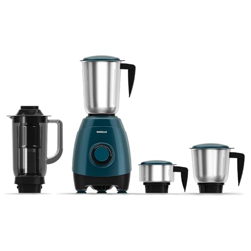 Havells ESO 750 Watt Mixer Grinder | 4 Jars (3 Stainless Steel + 1 Juicer Jar) | Heavy-Duty ABS Body | Powerful Motor | Wider Mouth Blades | Handles on All Jars | 2-Year Product Warranty (Teal) - Image 1
