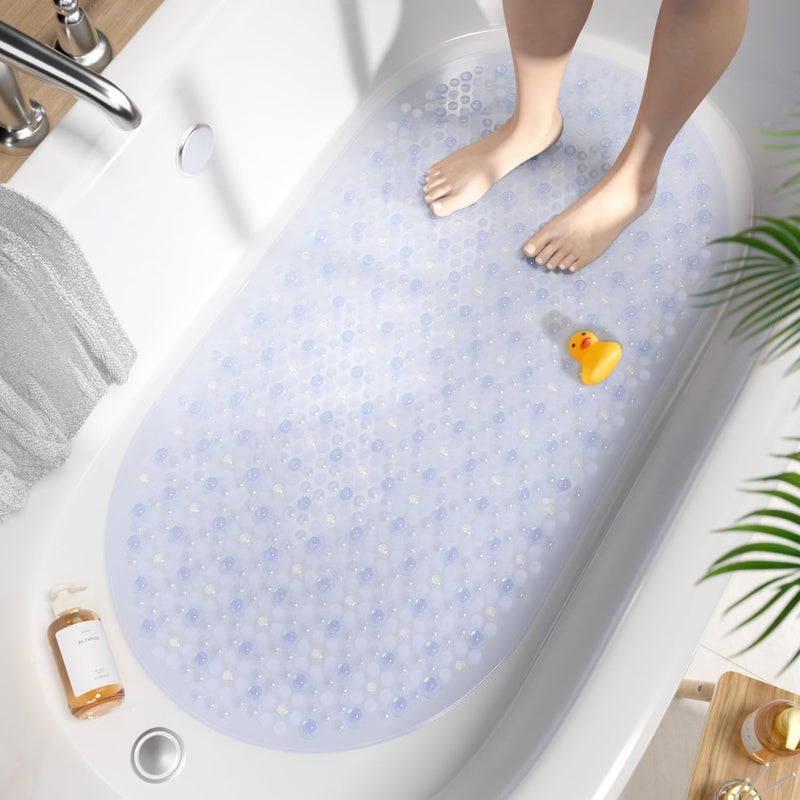 HITSLAM Oval Bath Mat Non Slip Anti Mould 68 x 38 CM Anti Slip Shower Mat for Bathroom Machine Washable Bubble Bathtub mat with Suction Cups and Drain Holes Soft on Feet Clear