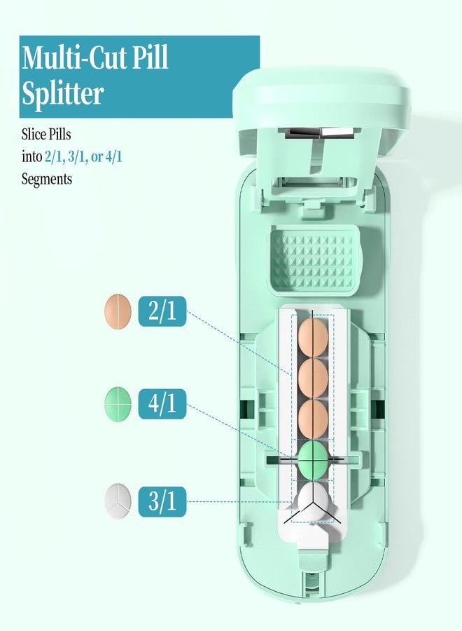 Daviky Pill Cutter Splitter for Small & Tiny Pills, Dual Safety Blades, Adjustable Centering Slot, Precise 1/2 1/3 1/4 Tablet Cutter, Built-in Storage, Portable & Senior-Friendly（Green） - Image 3