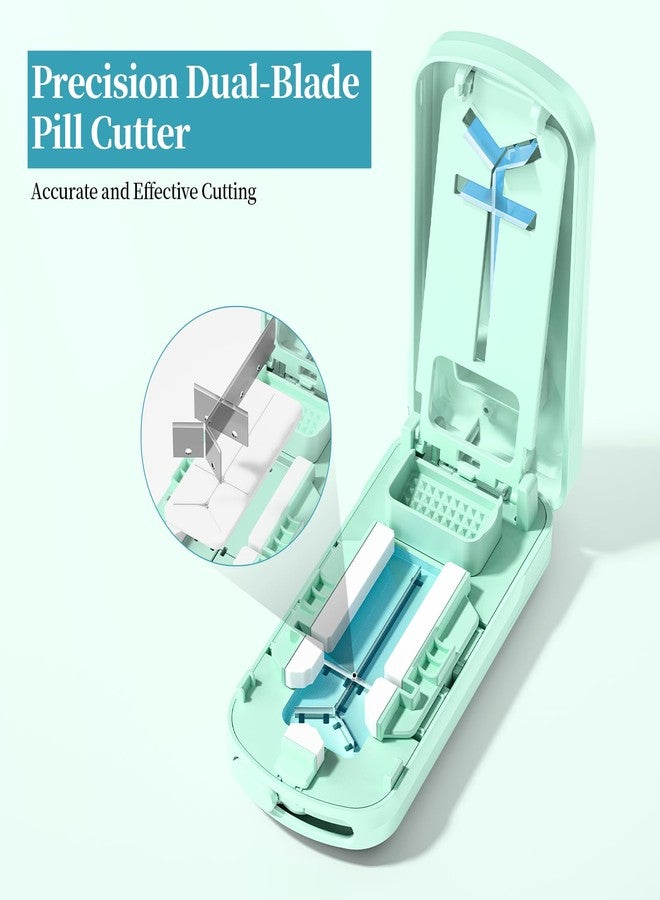 Daviky Pill Cutter Splitter for Small & Tiny Pills, Dual Safety Blades, Adjustable Centering Slot, Precise 1/2 1/3 1/4 Tablet Cutter, Built-in Storage, Portable & Senior-Friendly（Green） - Image 2