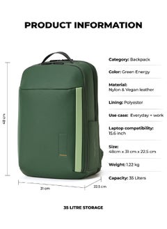 Mokobara MOKOBARA The Autopilot Backpack Fits 15.6 Inch Laptop, 35L Capacity Premium Durable Nylon and Vegan Leather Black Unisex Multipurpose Laptop Backpack | Ideal for Office, Travel, School (Green Energy)  - Image 3