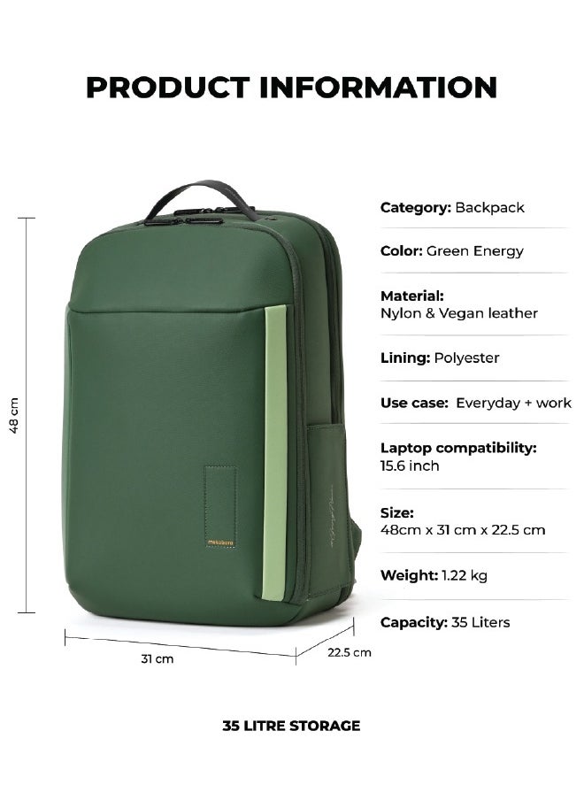 Mokobara MOKOBARA The Autopilot Backpack Fits 15.6 Inch Laptop, 35L Capacity Premium Durable Nylon and Vegan Leather Black Unisex Multipurpose Laptop Backpack | Ideal for Office, Travel, School (Green Energy)  - Image 3