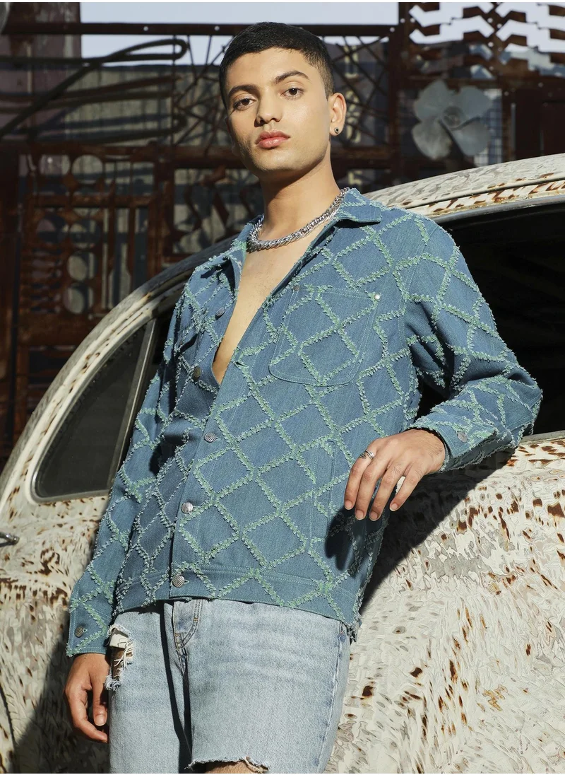 Campus Sutra Men's Blue Criss-Cross Denim Jacket