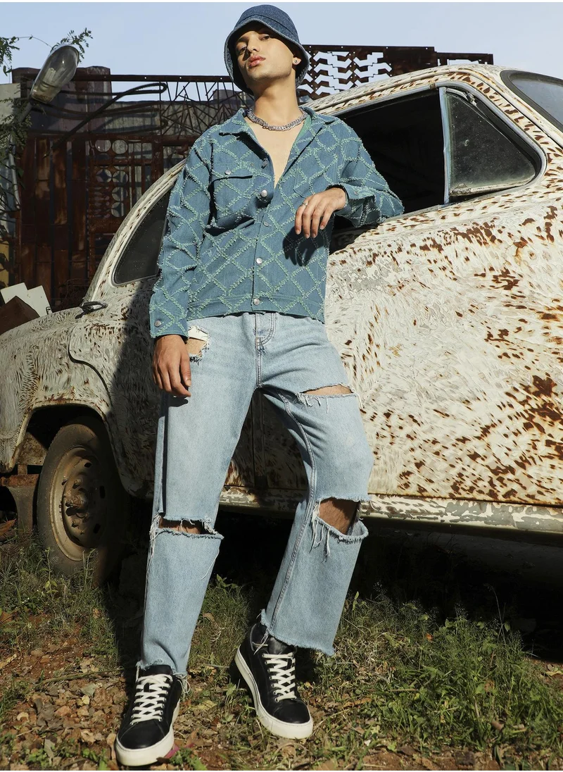 Campus Sutra Men's Blue Criss-Cross Denim Jacket