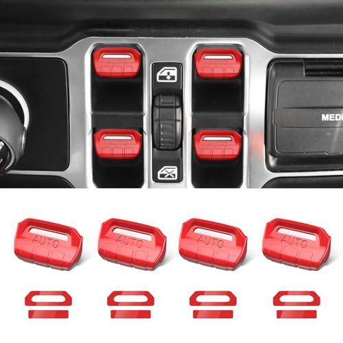 DIAMOOKY دياموكي 4 قطع غطاء زر مفتاح النافذة المحسن متوافق مع جيب رانجلر JL JLU 2018-2025 وجلايديتور JT 2020 2021 2022 2023 2024 2025 رانجلر 4xe ملحقات داخلية (أحمر ساطع) - Image 1
