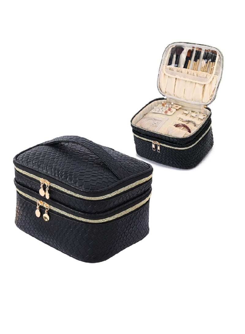 SOLARAE حقيبة مكياج سفر مزدوجة الطبقة كبيرة للنساء، حقيبة تجميل كبيرة مع منظم مجوهرات، حقيبة أدوات تجميل سفر مقاومة للماء، منظم مكياج مع فاصل ومقبض (أسود) - Image 1