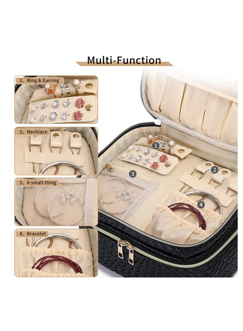 SOLARAE حقيبة مكياج سفر مزدوجة الطبقة كبيرة للنساء، حقيبة تجميل كبيرة مع منظم مجوهرات، حقيبة أدوات تجميل سفر مقاومة للماء، منظم مكياج مع فاصل ومقبض (أسود) - Image 3