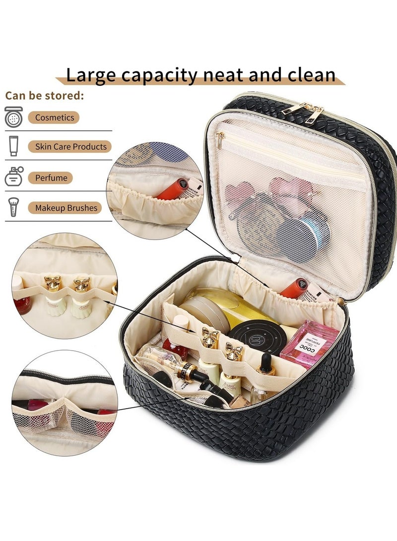 SOLARAE حقيبة مكياج سفر مزدوجة الطبقة كبيرة للنساء، حقيبة تجميل كبيرة مع منظم مجوهرات، حقيبة أدوات تجميل سفر مقاومة للماء، منظم مكياج مع فاصل ومقبض (أسود) - Image 4
