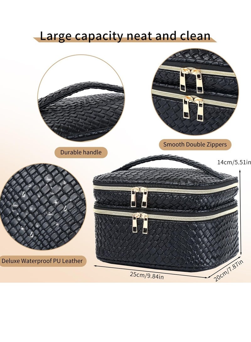 SOLARAE حقيبة مكياج سفر مزدوجة الطبقة كبيرة للنساء، حقيبة تجميل كبيرة مع منظم مجوهرات، حقيبة أدوات تجميل سفر مقاومة للماء، منظم مكياج مع فاصل ومقبض (أسود) - Image 5