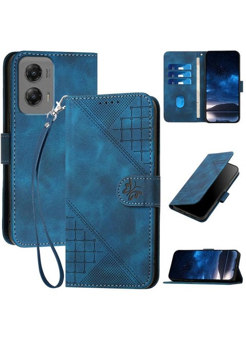 For Motorola Moto G Stylus 5G 2024 Grid Butterfly Embossed Pattern Leather Phone Case with Lanyard(Dark Blue)