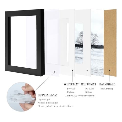 Egofine 5x7 Picture Frames Set of 4, Made of Solid Wood Covered by Plexiglass 3.5x5 and 4x6 with Mat or 5x7 without Mat, for Table Top Display and Wall Mounting Photo Frame Black - Image 4