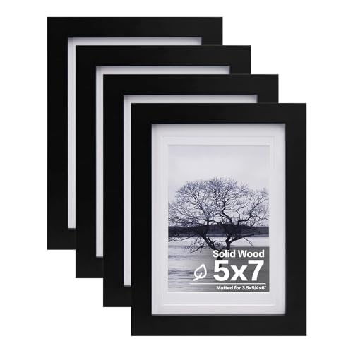 Egofine 5x7 Picture Frames Set of 4, Made of Solid Wood Covered by Plexiglass 3.5x5 and 4x6 with Mat or 5x7 without Mat, for Table Top Display and Wall Mounting Photo Frame Black - Image 1