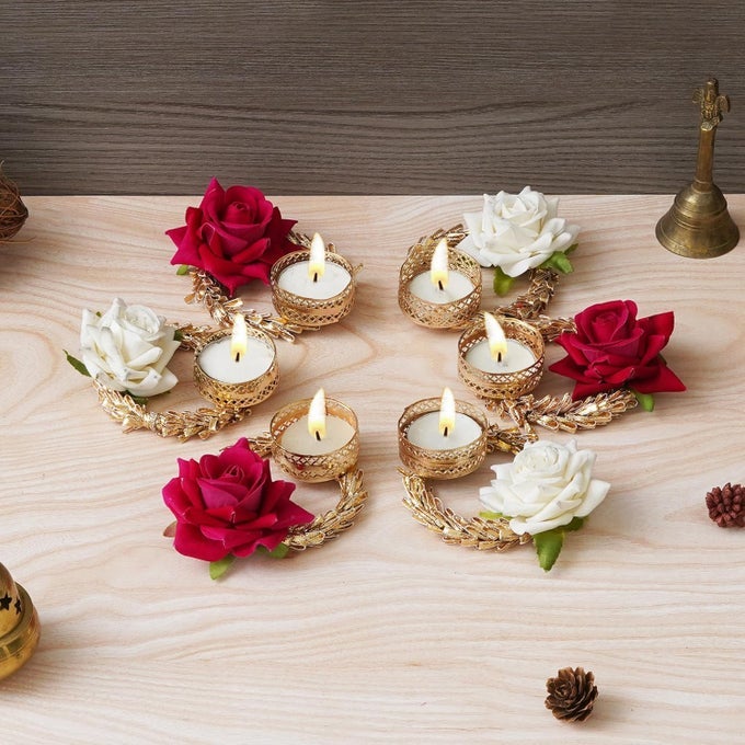 PREMIUM ROSE CANDLES HOLDER ARTIFICIAL PACK OF 6 LOTUS EALIGHT CANDLE HOLDER FOR HOME DECOR DIWALI CANDLES FOR DECORATION| DIWALI GIFTING ITEMS (PACK OF 6, 4.X 3.5 INCHES) MULTICOLOR ROSE