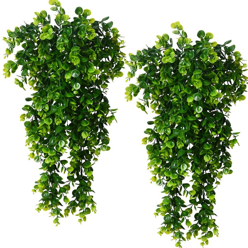 Antspirit 2pcs Artificial Hanging Plants Fake Hanging Plant Faux Eucalyptus Leaf Greenery Vine Outdoor UV Resistant Plastic Plants (2, Green) - Image 1