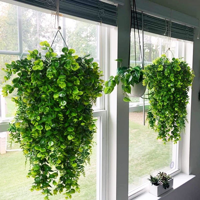 Antspirit 2pcs Artificial Hanging Plants Fake Hanging Plant Faux Eucalyptus Leaf Greenery Vine Outdoor UV Resistant Plastic Plants (2, Green) - Image 2