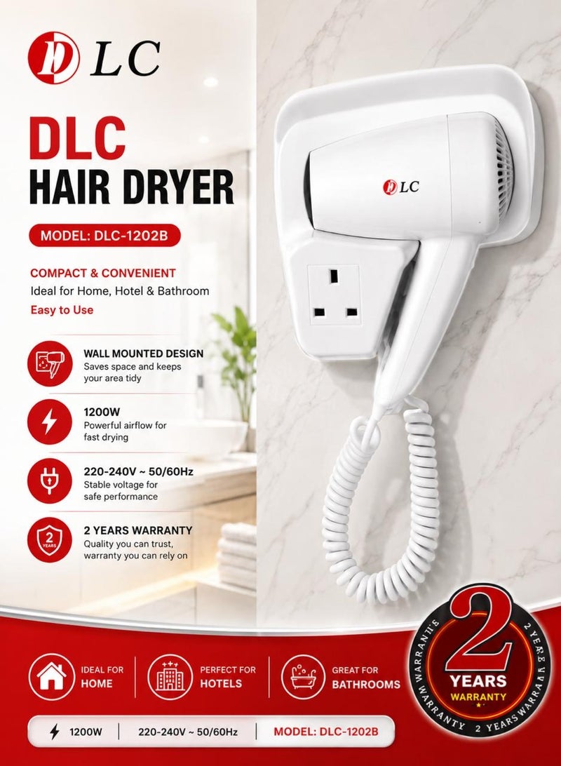 DLC 1200W Hair Dryer 50/60Hz with Triple Power Outlet, Wall-Mountable Electric Hair Blow Dryer, Fast Drying, Easy to Use, Space-Saving Design for Home, Hotel & Bathroom – White