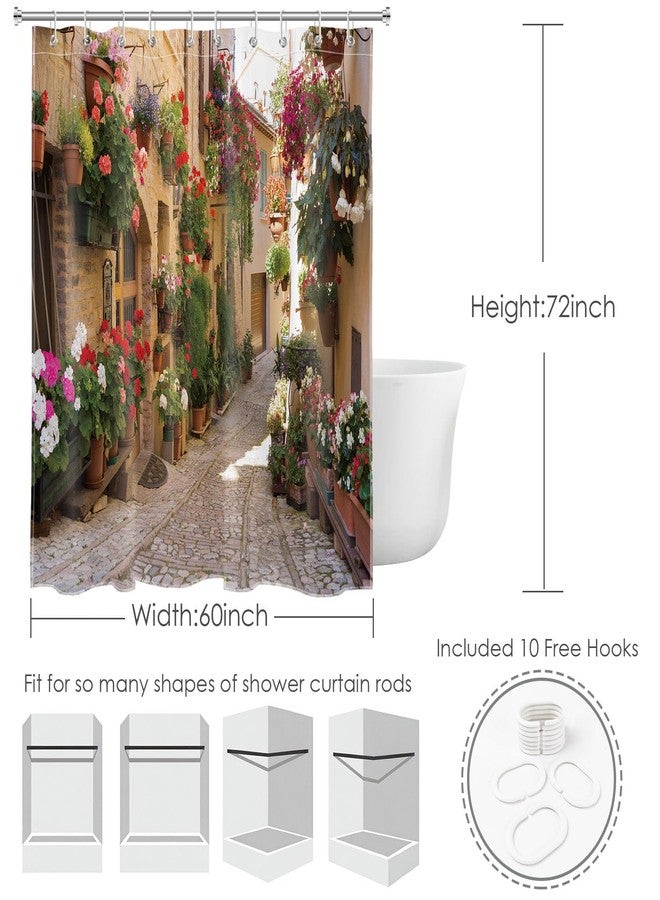 ال بي ستارة حمام LB ثلاثية الأبعاد، منظر طبيعي أوروبي، منظر البحر الأبيض المتوسط، اليونان، زهور، شارع قديم، مشهد عتيق، مجموعة ديكور حمام مطبوعة ثلاثية الأبعاد من قماش البوليستر المقاوم للماء، 60 × 72 بوصة - Image 5