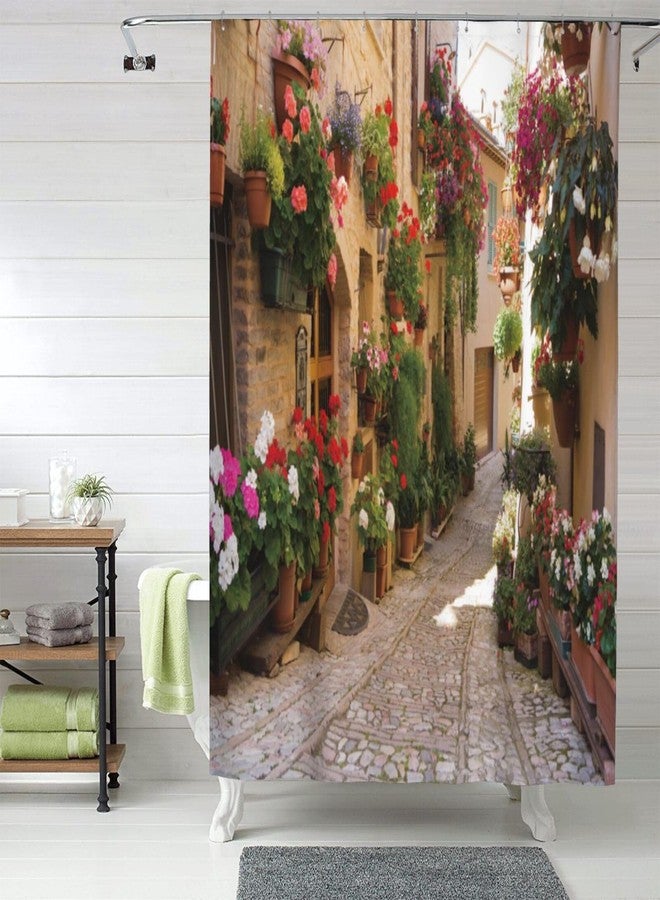ال بي ستارة حمام LB ثلاثية الأبعاد، منظر طبيعي أوروبي، منظر البحر الأبيض المتوسط، اليونان، زهور، شارع قديم، مشهد عتيق، مجموعة ديكور حمام مطبوعة ثلاثية الأبعاد من قماش البوليستر المقاوم للماء، 60 × 72 بوصة - Image 2