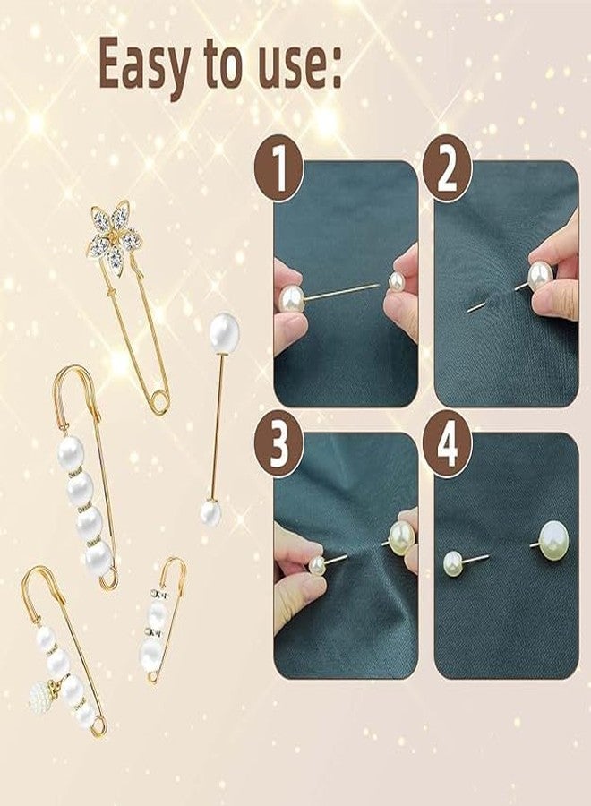 Domica Pearl Brooch Safety Pins Set for Women & Girls | Decorative Hijab Pin, Saree Pin, Dress Brooch, Dupatta & Shawl Pin | Gold Finish Fashion Accessories - Image 4