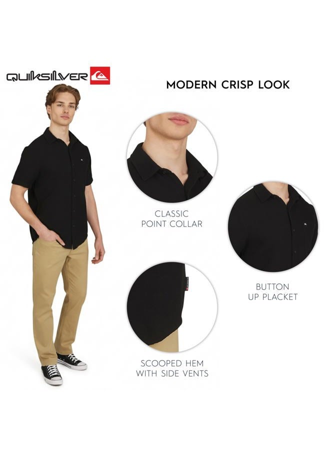 QUIKSILVER Men's Premium Cotton Short Sleeve Button Up Waffle Woven Shirt, Black, M - Image 3