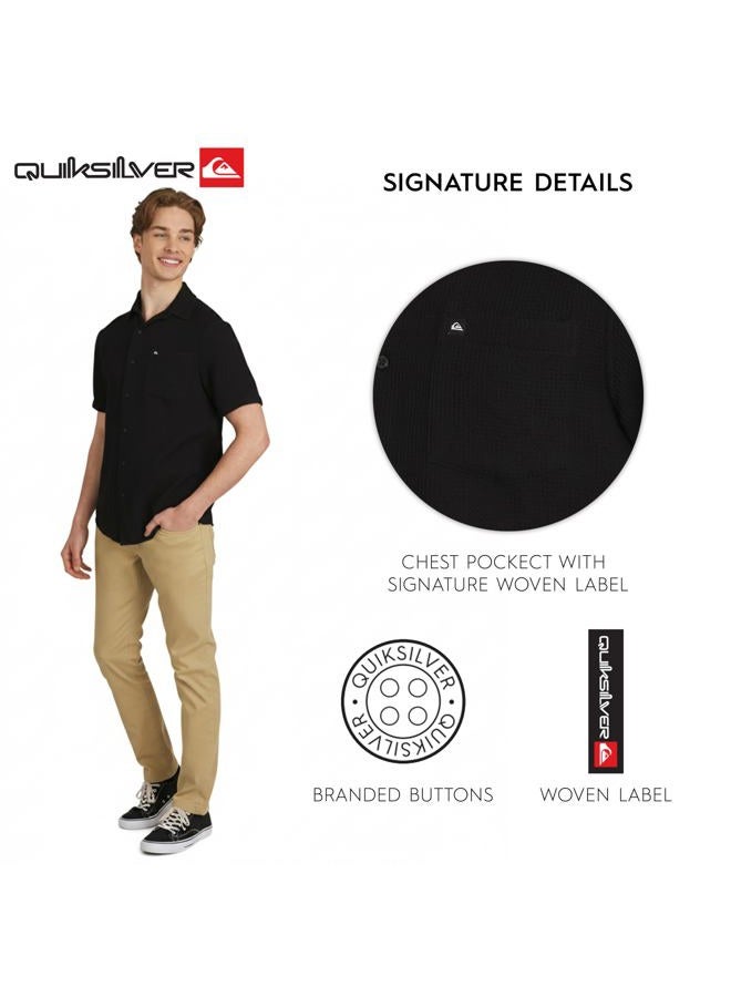 QUIKSILVER Men's Premium Cotton Short Sleeve Button Up Waffle Woven Shirt, Black, M - Image 4