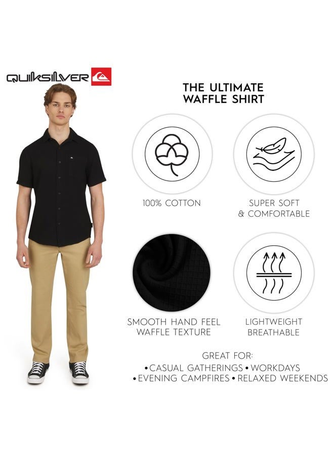 QUIKSILVER Men's Premium Cotton Short Sleeve Button Up Waffle Woven Shirt, Black, M - Image 2