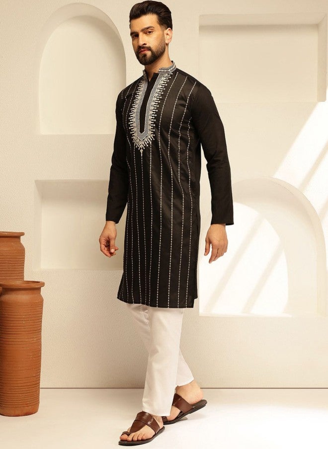 Sojanya Embroidered Black Kurta with White Pyjamas for Men - Image 4