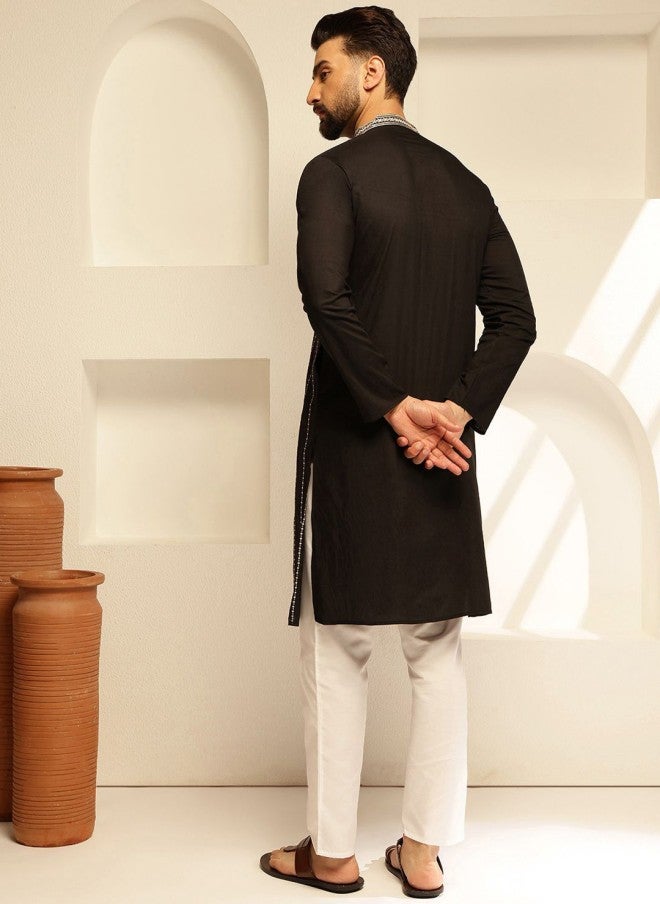 Sojanya Embroidered Black Kurta with White Pyjamas for Men - Image 5