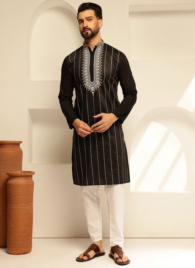 Sojanya Embroidered Black Kurta with White Pyjamas for Men - Image 1