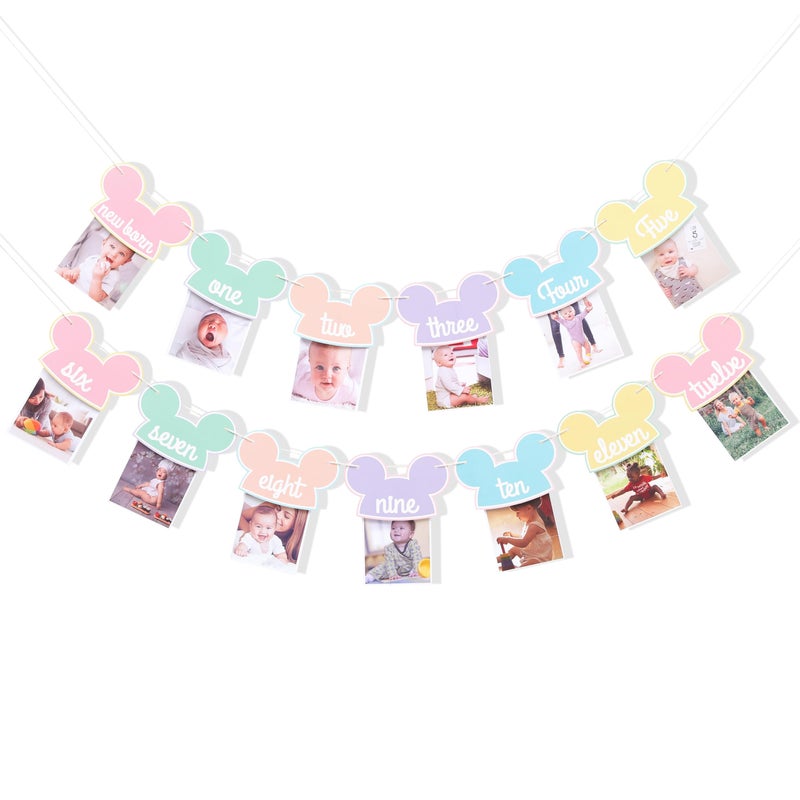 HIKLO Mouse 12 Months Photo Banner - Pastel Rainbow First Birthday Photo Garland, Happiest Birthday on Earth Banner, Mouse Party Decor, Mouse Monthly Milestone Garland - Image 1