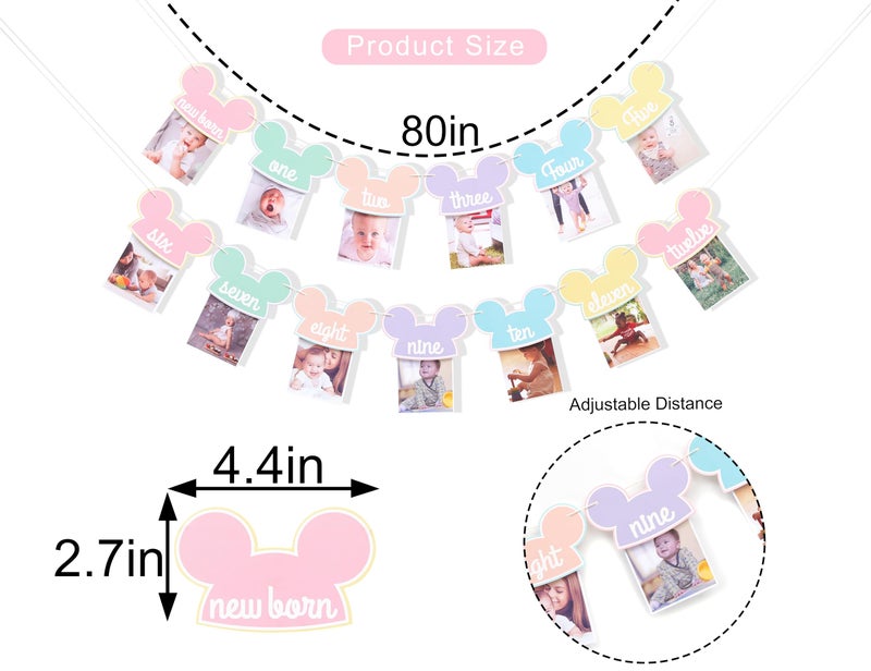 HIKLO Mouse 12 Months Photo Banner - Pastel Rainbow First Birthday Photo Garland, Happiest Birthday on Earth Banner, Mouse Party Decor, Mouse Monthly Milestone Garland - Image 2