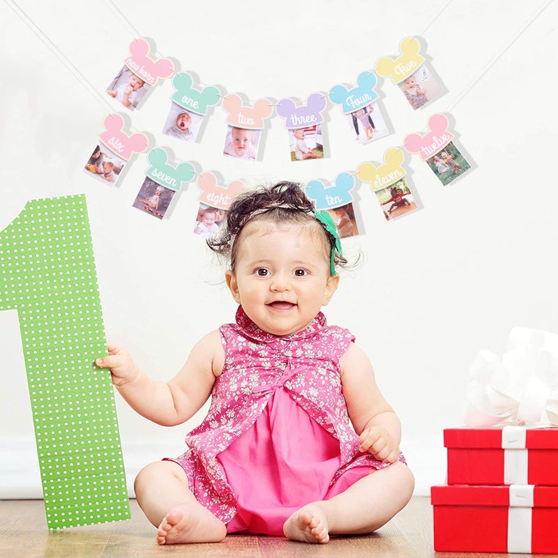 HIKLO Mouse 12 Months Photo Banner - Pastel Rainbow First Birthday Photo Garland, Happiest Birthday on Earth Banner, Mouse Party Decor, Mouse Monthly Milestone Garland - Image 5
