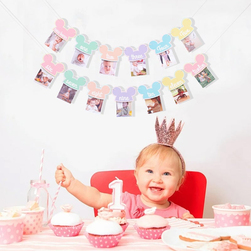 HIKLO Mouse 12 Months Photo Banner - Pastel Rainbow First Birthday Photo Garland, Happiest Birthday on Earth Banner, Mouse Party Decor, Mouse Monthly Milestone Garland - Image 4
