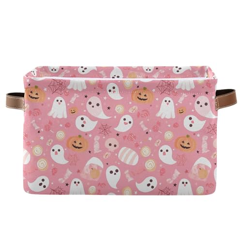 Wamika Halloween Pink Storage Basket with Waterproof Liner and PU Handles Pumpkin Ghost Candy Storage Bins Boxes 142 Collapsible Decorative Organizer Baskets for Bedroom Closet Office 1 Pack - Image 1