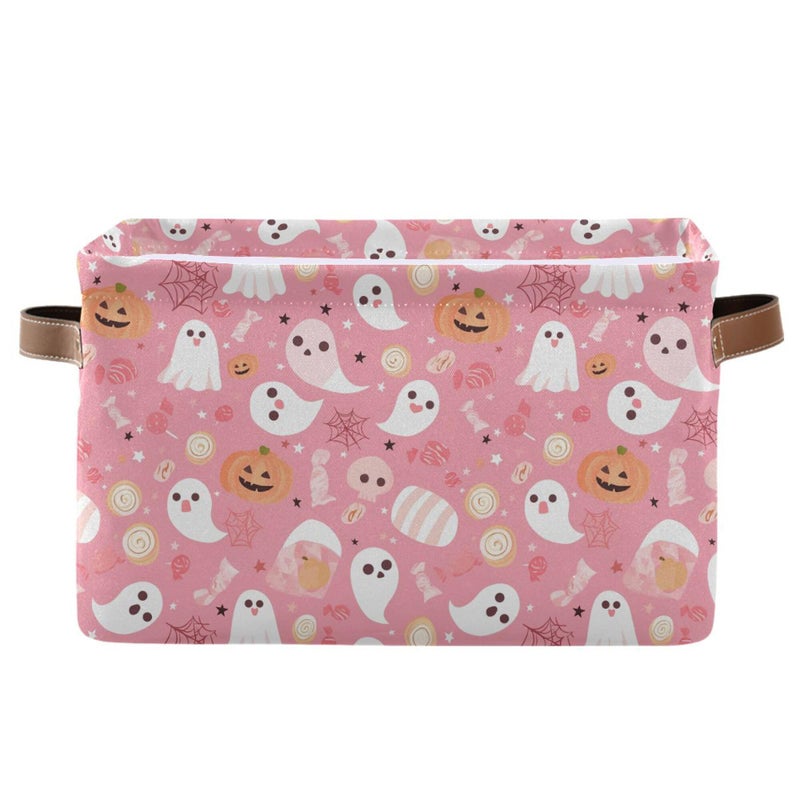 Wamika Halloween Pink Storage Basket with Waterproof Liner and PU Handles Pumpkin Ghost Candy Storage Bins Boxes 142 Collapsible Decorative Organizer Baskets for Bedroom Closet Office 1 Pack - Image 2