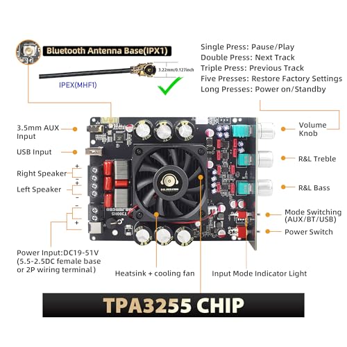 ODEKTOOY T300HS 300W+300W Power Amplifier Board, TPA3255 Chip with Bluetooth/AUX/USB Inputs, 2.0 Channel Audio Power Vehicle Amplifier - Image 2