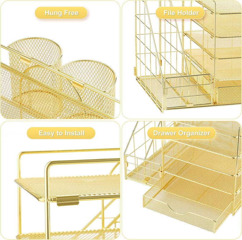 Marbrasse Rose Gold Desk Organizer With File Holder, 5-Tier Paper Letter Tray With Drawer and 2 Pen Holders, Mesh Desktop Storage With Magazine Holder for Office Supplies - Image 4