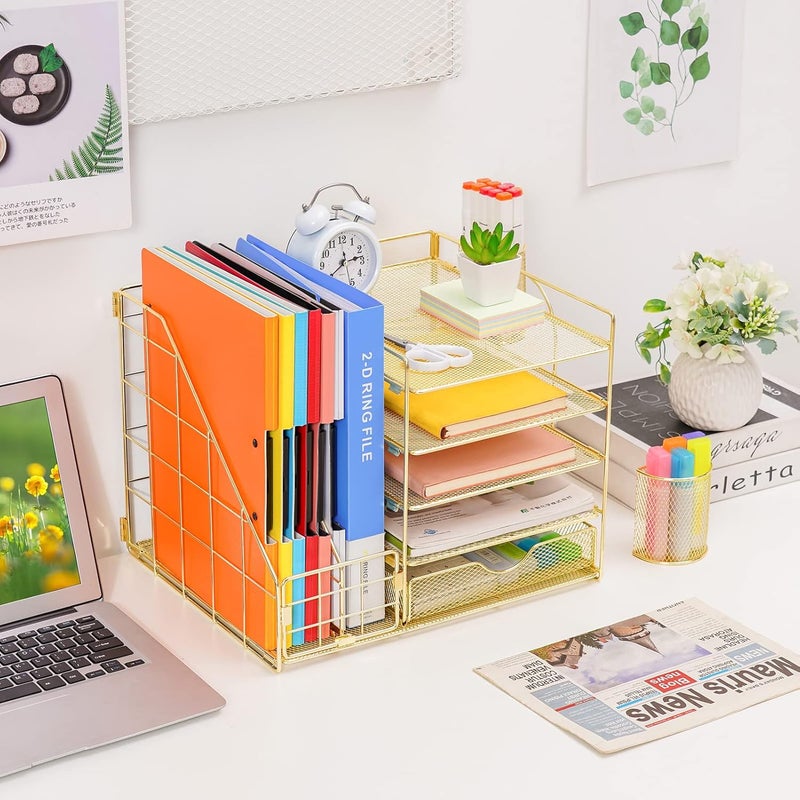 Marbrasse Rose Gold Desk Organizer With File Holder, 5-Tier Paper Letter Tray With Drawer and 2 Pen Holders, Mesh Desktop Storage With Magazine Holder for Office Supplies - Image 3
