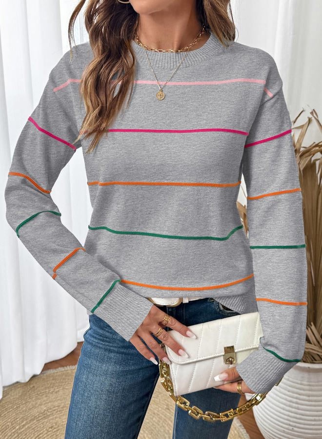 Shein سويت شيرت نسائي بياقة دائرية بأكمام طويلة وسويت شيرت مخطط ملابس خريفية للنساء 2025، رمادي، م - Image 3