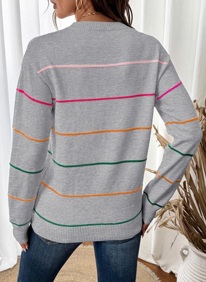 Shein سويت شيرت نسائي بياقة دائرية بأكمام طويلة وسويت شيرت مخطط ملابس خريفية للنساء 2025، رمادي، م - Image 4