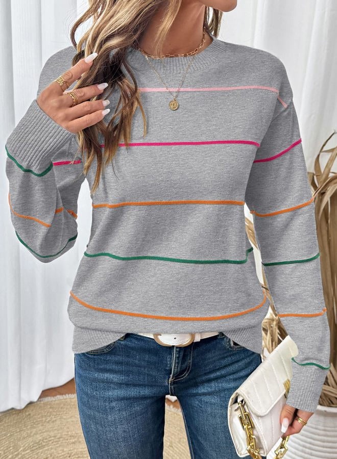 Shein سويت شيرت نسائي بياقة دائرية بأكمام طويلة وسويت شيرت مخطط ملابس خريفية للنساء 2025، رمادي، م - Image 5